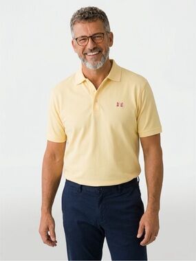 Peter Millar Men's Pale Yellow Polo with Pink Logo